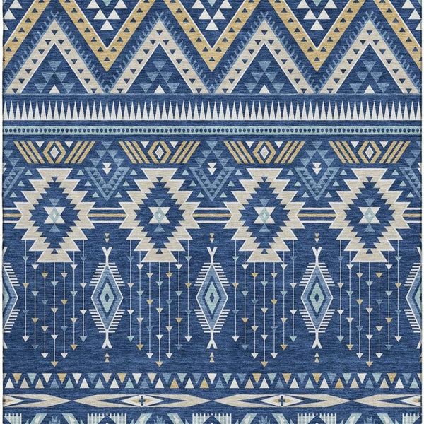 HomeRoots 9' X 12' Navy Blue & Beige Tribal Washable Area Rug - Durable, UV Protected, Perfect for Homes 705772