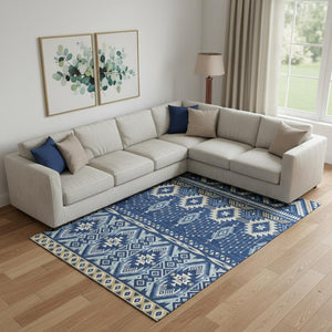 HomeRoots 10' X 14' Navy Blue And Beige Tribal Area Rug - Washable, UV Protected, Stylish for High-Traffic Spaces 705773