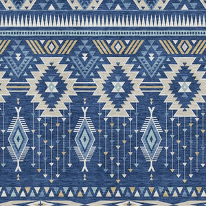 HomeRoots 10' X 14' Navy Blue And Beige Tribal Area Rug - Washable, UV Protected, Stylish for High-Traffic Spaces 705773