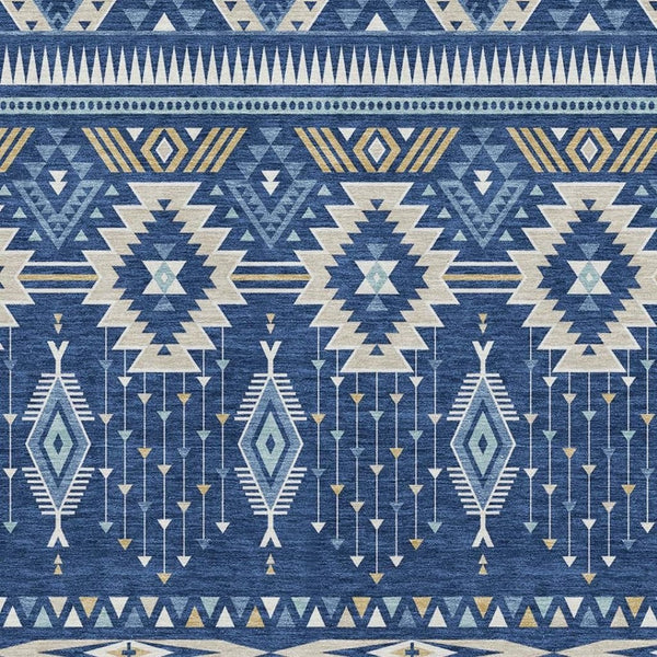 HomeRoots 10' X 14' Navy Blue And Beige Tribal Area Rug - Washable, UV Protected, Stylish for High-Traffic Spaces 705773