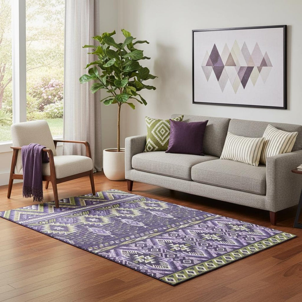 HomeRoots 5' X 8' Tribal Washable Area Rug in Purple & Fern Green - UV Protected, Durable & Stylish Design 705775