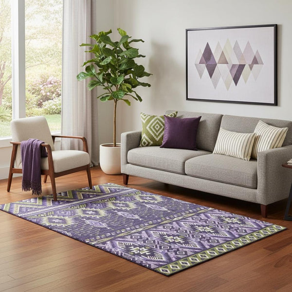 HomeRoots 5' X 8' Tribal Washable Area Rug in Purple & Fern Green - UV Protected, Durable & Stylish Design 705775