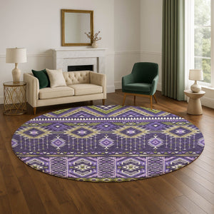 HomeRoots 8' Vibrant Purple & Fern Green Tribal Round Rug - Washable, UV Protected, Durable for All Spaces 705776