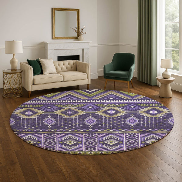 HomeRoots 8' Vibrant Purple & Fern Green Tribal Round Rug - Washable, UV Protected, Durable for All Spaces 705776