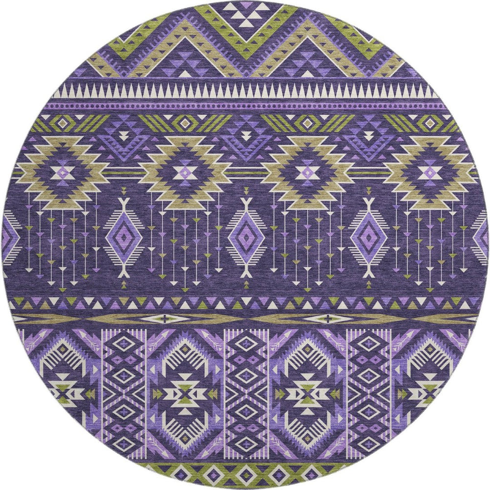 HomeRoots 8' Vibrant Purple & Fern Green Tribal Round Rug - Washable, UV Protected, Durable for All Spaces 705776