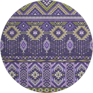 HomeRoots 8' Vibrant Purple & Fern Green Tribal Round Rug - Washable, UV Protected, Durable for All Spaces 705776