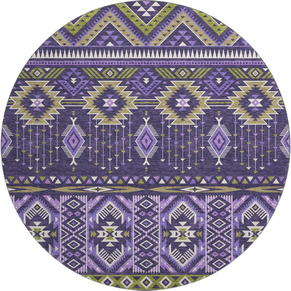 HomeRoots 8' Vibrant Purple & Fern Green Tribal Round Rug - Washable, UV Protected, Durable for All Spaces 705776