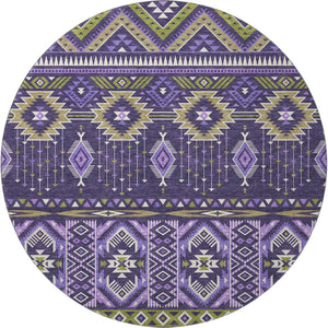 HomeRoots 8' Vibrant Purple & Fern Green Tribal Round Rug - Washable, UV Protected, Durable for All Spaces 705776