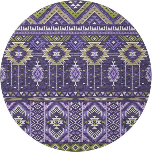 HomeRoots 8' Vibrant Purple & Fern Green Tribal Round Rug - Washable, UV Protected, Durable for All Spaces 705776