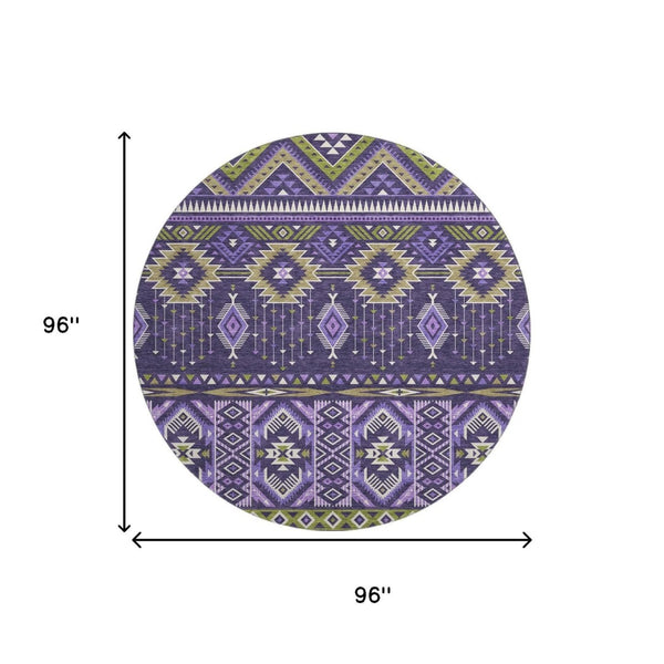HomeRoots 8' Vibrant Purple & Fern Green Tribal Round Rug - Washable, UV Protected, Durable for All Spaces 705776