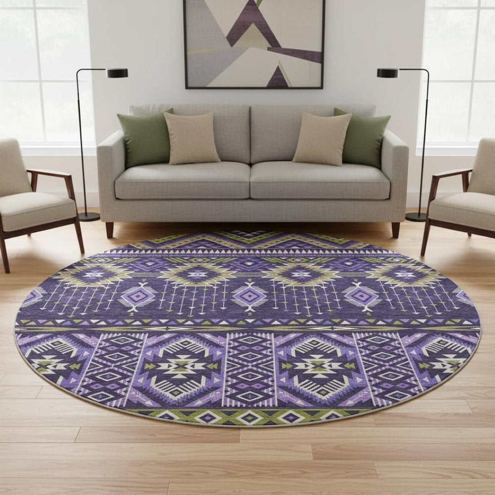 HomeRoots 8' Vibrant Purple & Fern Green Tribal Round Rug - Washable, UV Protected, Durable for All Spaces 705776