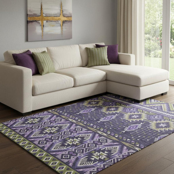 HomeRoots 8' X 10' Vibrant Purple & Fern Green Tribal Area Rug - Washable, Stain-Resistant, UV Protected! 705777