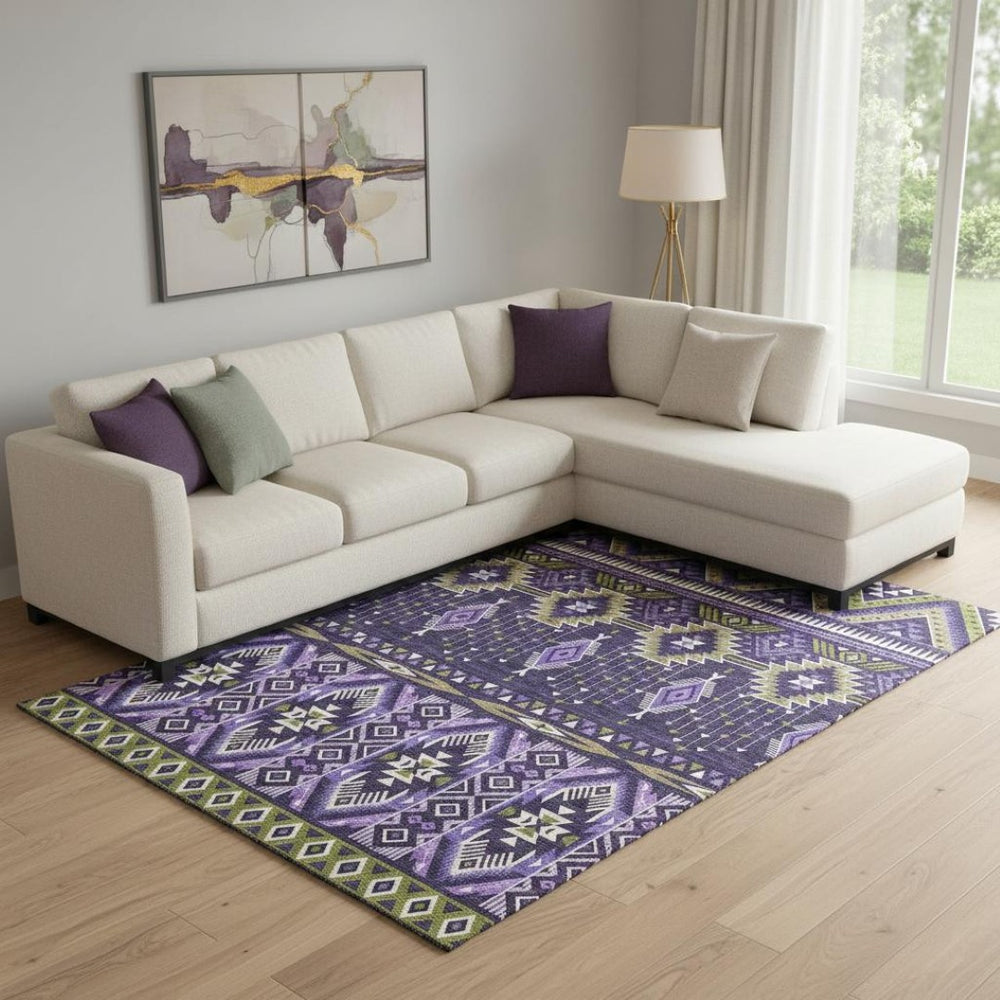 HomeRoots 9' X 12' Tribal Washable Area Rug in Purple & Fern Green - Durable, Stain-Resistant, UV-Protected Design 705778
