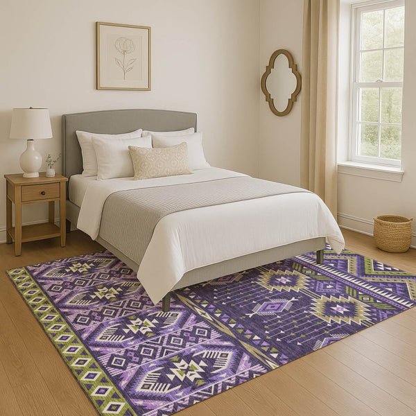 HomeRoots 9' X 12' Tribal Washable Area Rug in Purple & Fern Green - Durable, Stain-Resistant, UV-Protected Design 705778