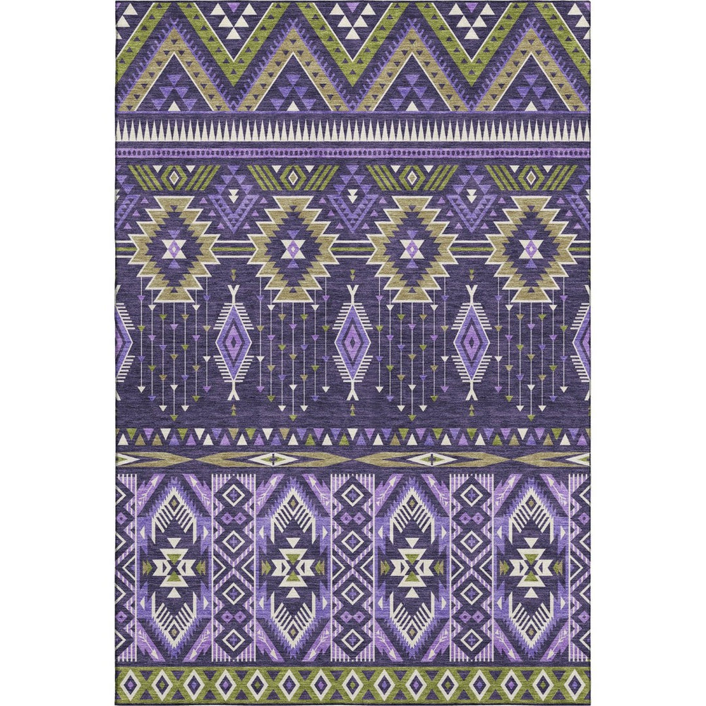 HomeRoots 9' X 12' Tribal Washable Area Rug in Purple & Fern Green - Durable, Stain-Resistant, UV-Protected Design 705778