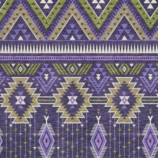 HomeRoots 9' X 12' Tribal Washable Area Rug in Purple & Fern Green - Durable, Stain-Resistant, UV-Protected Design 705778