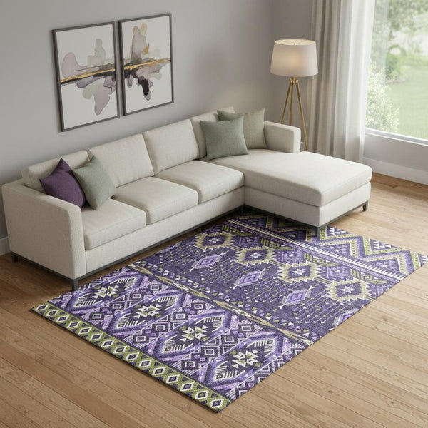 HomeRoots 10' X 14' Purple and Fern Green Tribal Area Rug - Washable, UV-Protected, Non-Slip, Durable Design 705779
