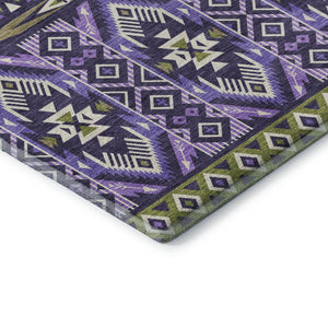 HomeRoots 10' X 14' Purple and Fern Green Tribal Area Rug - Washable, UV-Protected, Non-Slip, Durable Design 705779