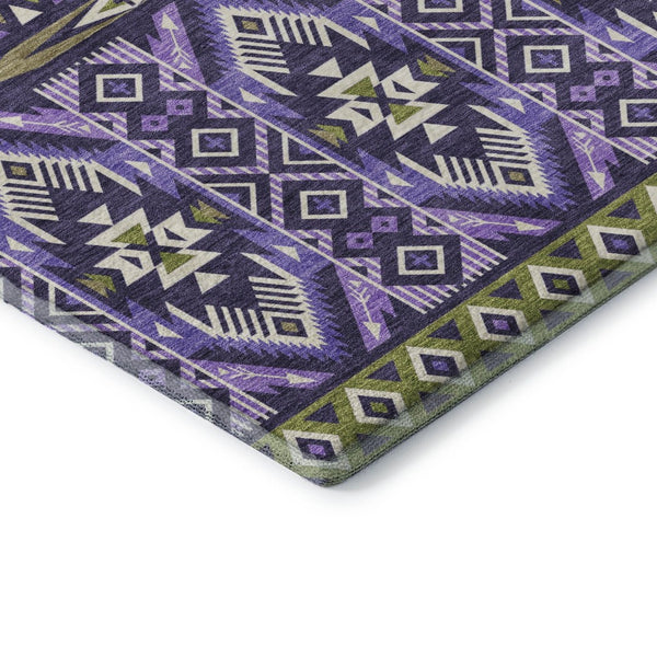 HomeRoots 10' X 14' Purple and Fern Green Tribal Area Rug - Washable, UV-Protected, Non-Slip, Durable Design 705779