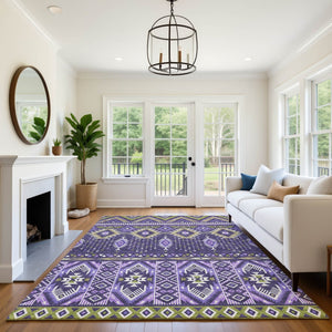 HomeRoots 10' X 14' Purple and Fern Green Tribal Area Rug - Washable, UV-Protected, Non-Slip, Durable Design 705779