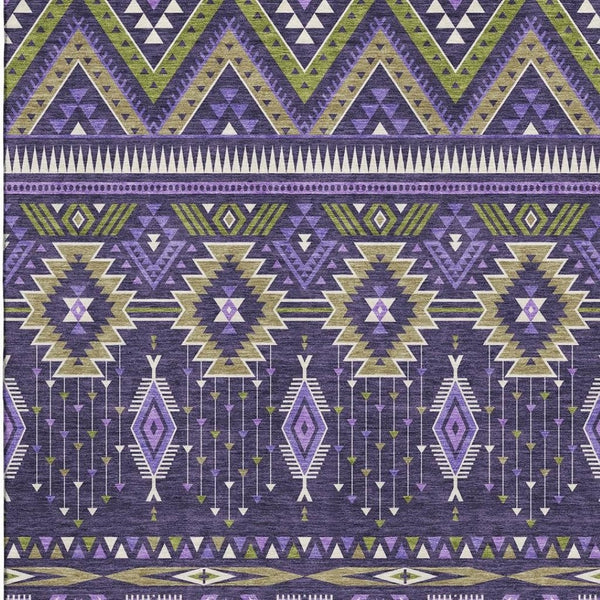 HomeRoots 10' X 14' Purple and Fern Green Tribal Area Rug - Washable, UV-Protected, Non-Slip, Durable Design 705779