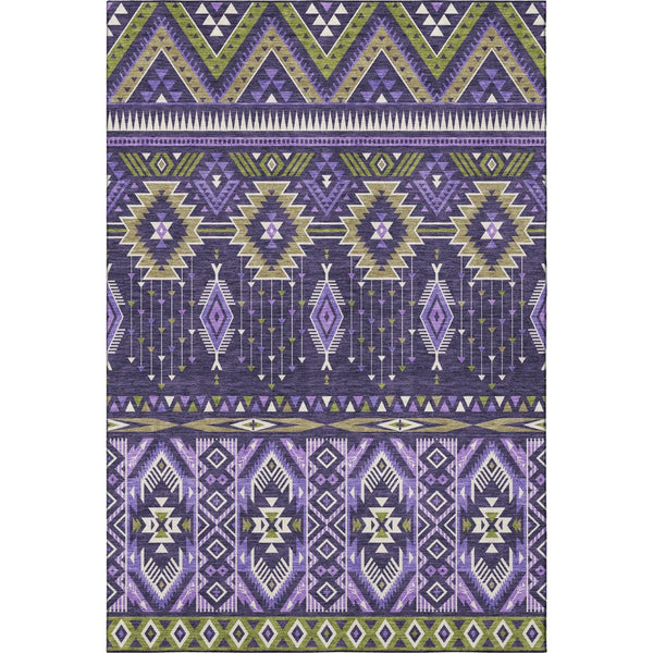 HomeRoots 10' X 14' Purple and Fern Green Tribal Area Rug - Washable, UV-Protected, Non-Slip, Durable Design 705779