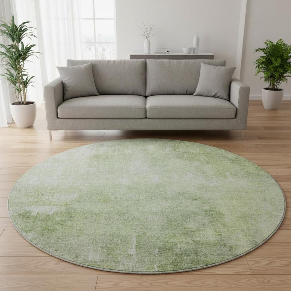 HomeRoots 8' Artichoke Green & Ivory Abstract Round Rug - Washable, UV Protected, Non-Slip for Busy Homes 705782