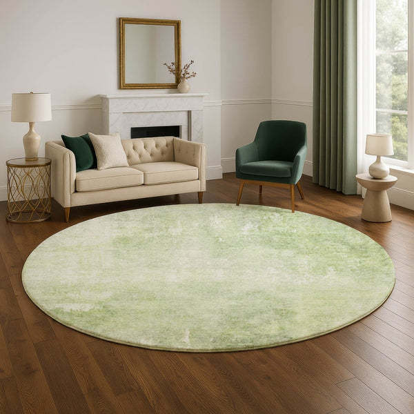 HomeRoots 8' Artichoke Green & Ivory Abstract Round Rug - Washable, UV Protected, Non-Slip for Busy Homes 705782