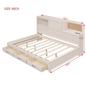English Elm Full Size Gray Wood Daybed with Storage Drawers Shelf Usb Charging Upholstered Back LP002025AAK-1