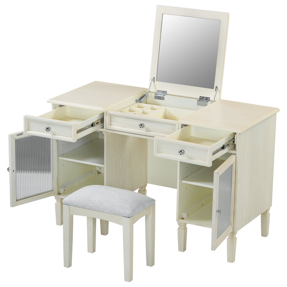 English Elm 2-in-1 Vanity Desk with Flip Mirror and Ample Storage — White Oak Dressing Table & Workstation N844P292487E
