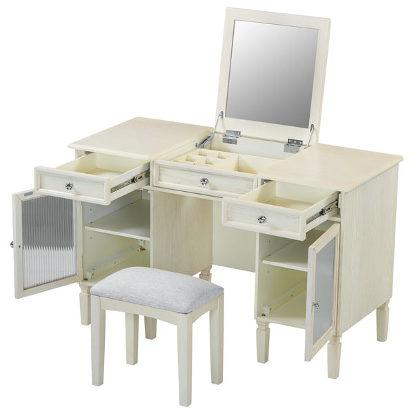 English Elm 2-in-1 Vanity Desk with Flip Mirror and Ample Storage — White Oak Dressing Table & Workstation N844P292487E