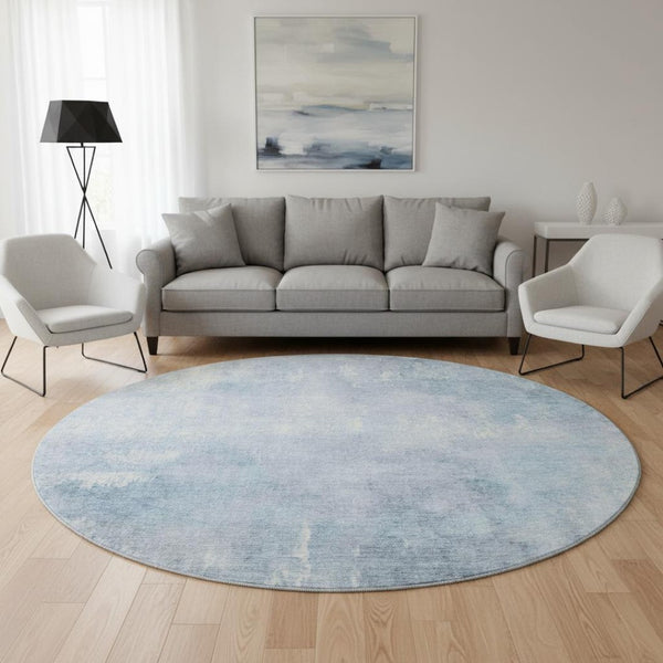 HomeRoots 8' Sky Blue Abstract Round Rug - Washable, UV Protected, Durable Design for Family-Friendly Spaces 705806