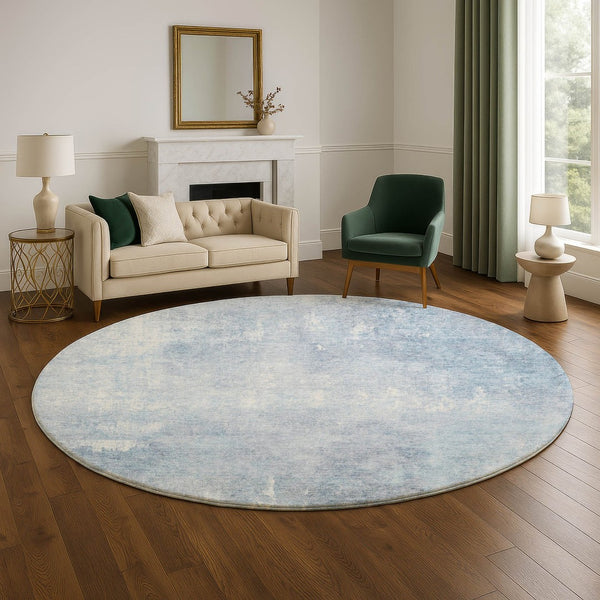 HomeRoots 8' Sky Blue Abstract Round Rug - Washable, UV Protected, Durable Design for Family-Friendly Spaces 705806