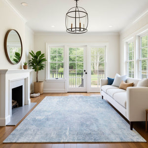 HomeRoots 8' X 10' Sky Blue & Ivory Abstract Washable Area Rug - UV Protected, Stain Resistant, Family Friendly! 705807