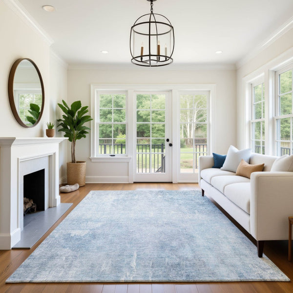 HomeRoots 8' X 10' Sky Blue & Ivory Abstract Washable Area Rug - UV Protected, Stain Resistant, Family Friendly! 705807