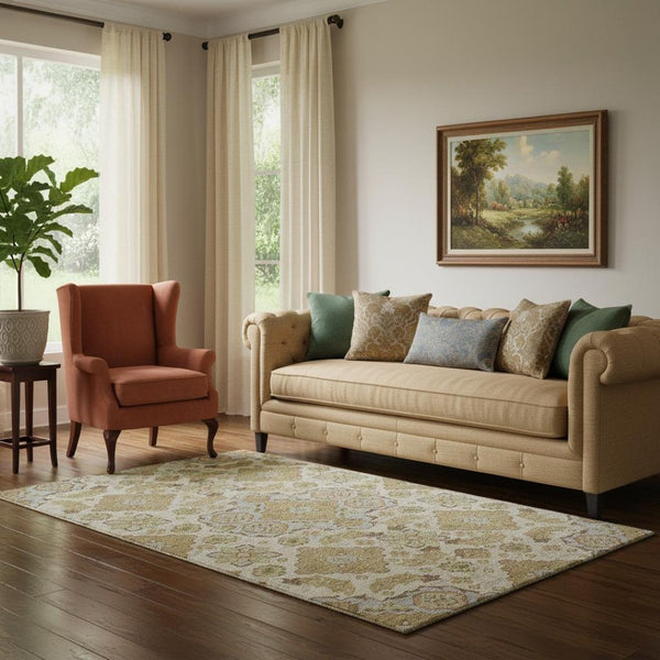 HomeRoots 5' X 8' Beige and Tan Floral Medallion Area Rug with Stain Resistance and UV Protection for Homes 705811