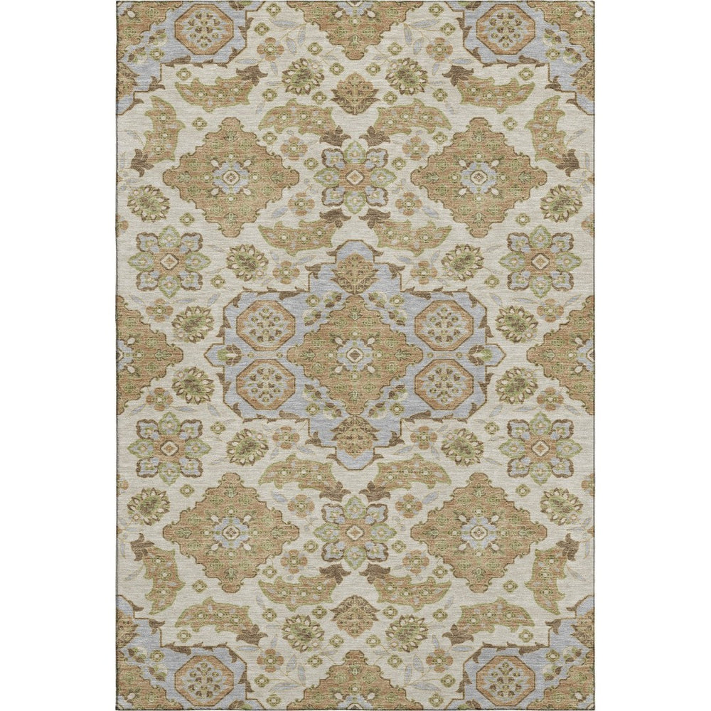 HomeRoots 5' X 8' Beige and Tan Floral Medallion Area Rug with Stain Resistance and UV Protection for Homes 705811
