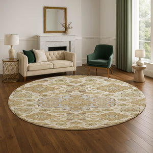 HomeRoots 8' Washable Round Area Rug in Beige & Tan Floral Medallion, UV Protected & Non-Slip for High Traffic 705812