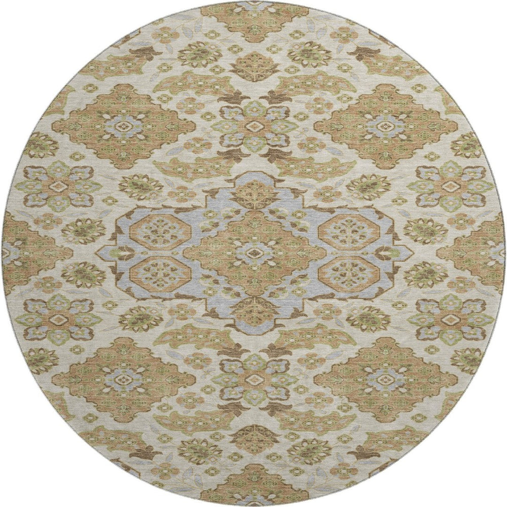 HomeRoots 8' Washable Round Area Rug in Beige & Tan Floral Medallion, UV Protected & Non-Slip for High Traffic 705812