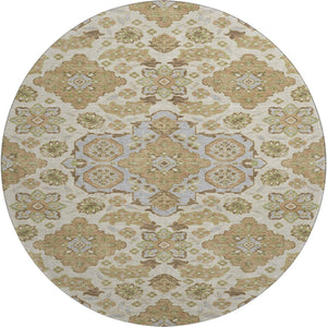 HomeRoots 8' Washable Round Area Rug in Beige & Tan Floral Medallion, UV Protected & Non-Slip for High Traffic 705812