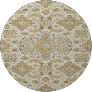 HomeRoots 8' Washable Round Area Rug in Beige & Tan Floral Medallion, UV Protected & Non-Slip for High Traffic 705812