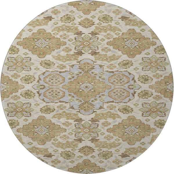 HomeRoots 8' Washable Round Area Rug in Beige & Tan Floral Medallion, UV Protected & Non-Slip for High Traffic 705812