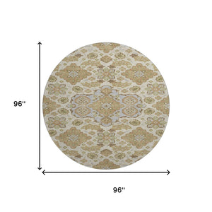 HomeRoots 8' Washable Round Area Rug in Beige & Tan Floral Medallion, UV Protected & Non-Slip for High Traffic 705812