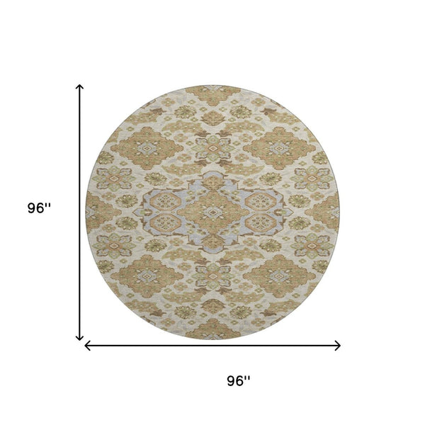 HomeRoots 8' Washable Round Area Rug in Beige & Tan Floral Medallion, UV Protected & Non-Slip for High Traffic 705812
