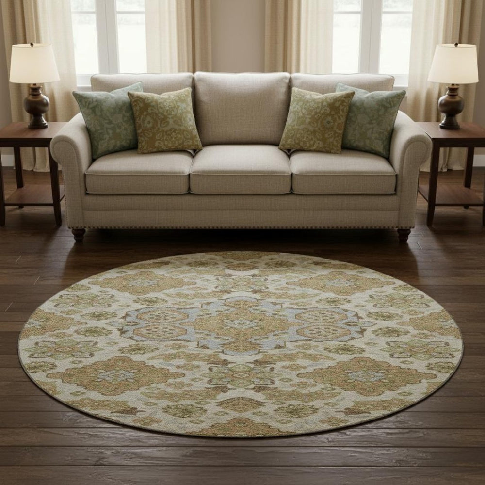 HomeRoots 8' Washable Round Area Rug in Beige & Tan Floral Medallion, UV Protected & Non-Slip for High Traffic 705812