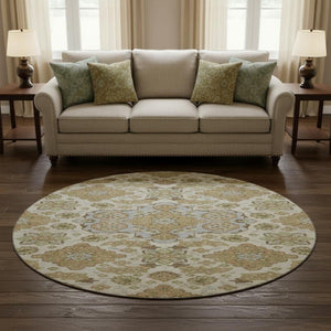 HomeRoots 8' Washable Round Area Rug in Beige & Tan Floral Medallion, UV Protected & Non-Slip for High Traffic 705812