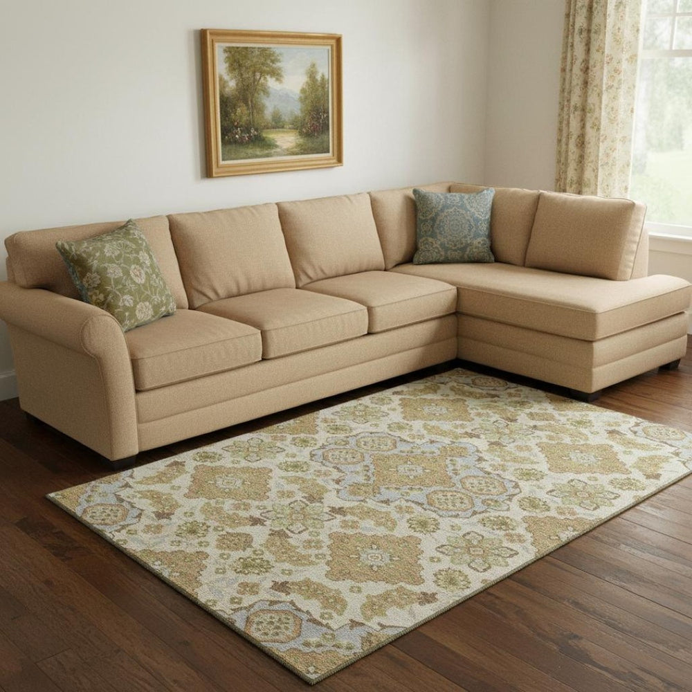 HomeRoots 8' X 10' Beige & Tan Floral Medallion Area Rug - Washable, UV-Protected, Non-Slip for Busy Homes 705813