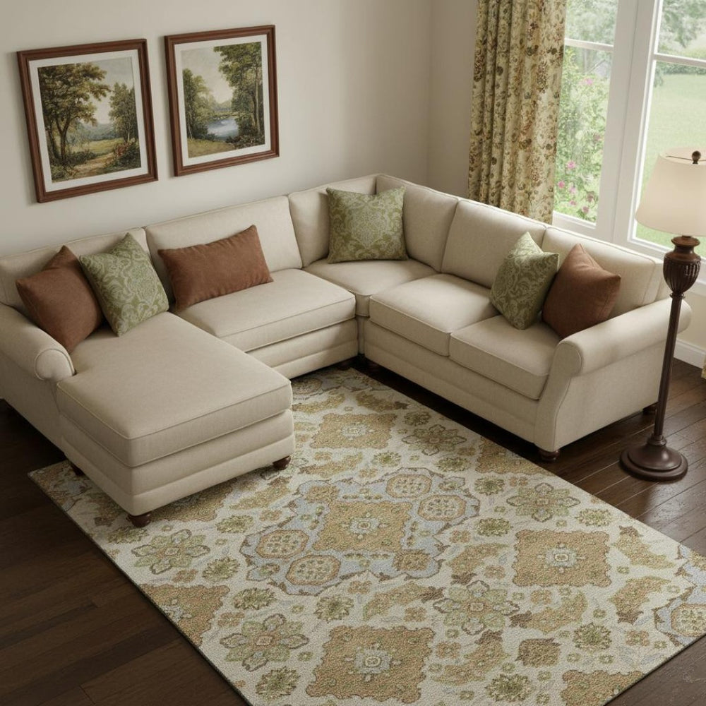 HomeRoots 9' X 12' Beige and Tan Floral Medallion Area Rug - Washable, Stain-Resistant, UV Protected Comfort 705814