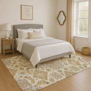 HomeRoots 9' X 12' Beige and Tan Floral Medallion Area Rug - Washable, Stain-Resistant, UV Protected Comfort 705814