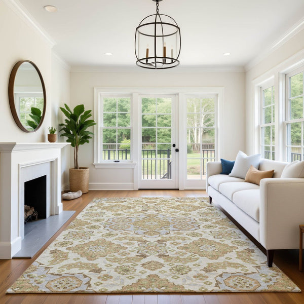 HomeRoots 9' X 12' Beige and Tan Floral Medallion Area Rug - Washable, Stain-Resistant, UV Protected Comfort 705814